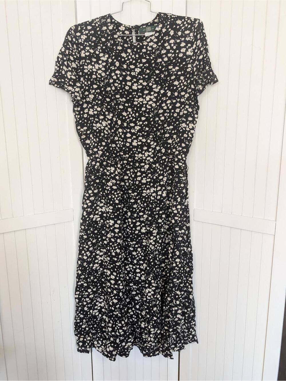 Vintage Orvis Cottagecore Floral Midi Dress Womens 16 Black White Pockets USA